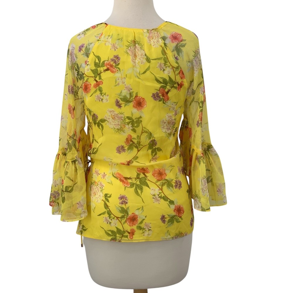 Lauren Ralph Lauren Blouse Women's Floral Wrap Georgette Side Tie Yellow Size‎ S - Picture 6 of 8